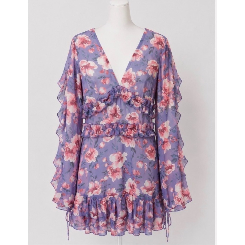 NWT Club L London Lavender Floral Ruffle Mini Dress Size 8 Boho Cottagecore